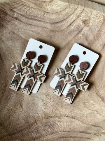 Beige Timber Cross Earrings